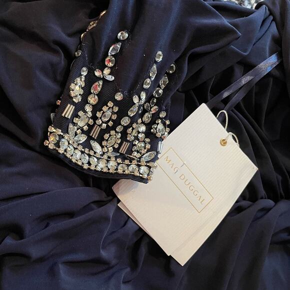 Mac Duggal NEW Size 12 Blue Beaded Cuff Drop Shoulder Faux Wrap Gown 12231 - Picture 8 of 10